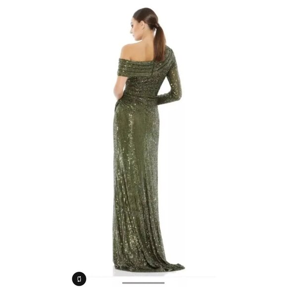 leena For Mac Duggal Size 2 Sequined Olive Green Long Sleeve Gown Draped Collar - Picture 9 of 16